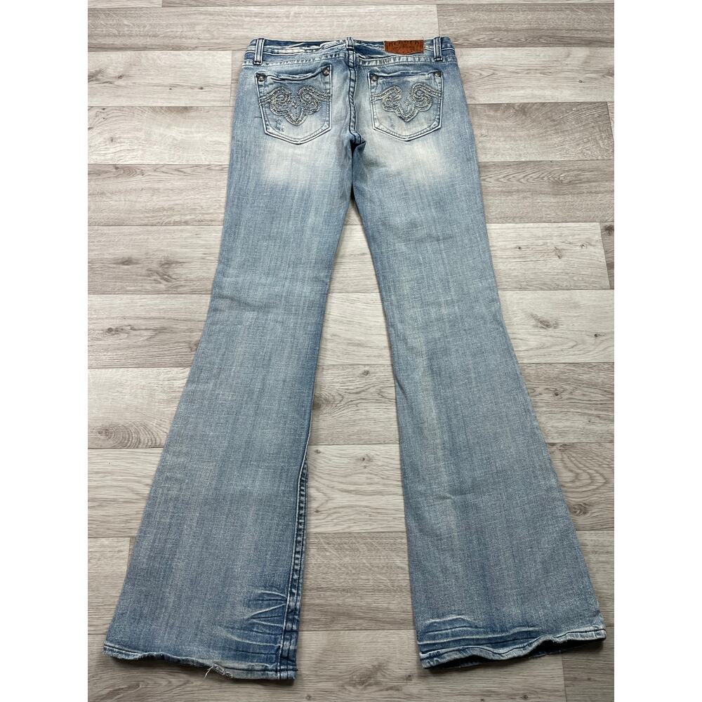 🔥Y2K Rerock Express Flare Bootcut Jeans Low Rise Rhinestone Stretch Distress - Picture 3 of 15